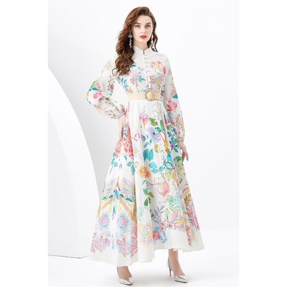 Women's Floral Maxi Dress Polyester Puff Sleeve Button Up Dress for Casual - Picture 3 of 6